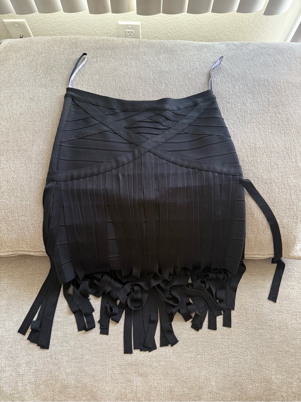 Herve Leger Black Bandage Mini Skirt with Fringe Hem